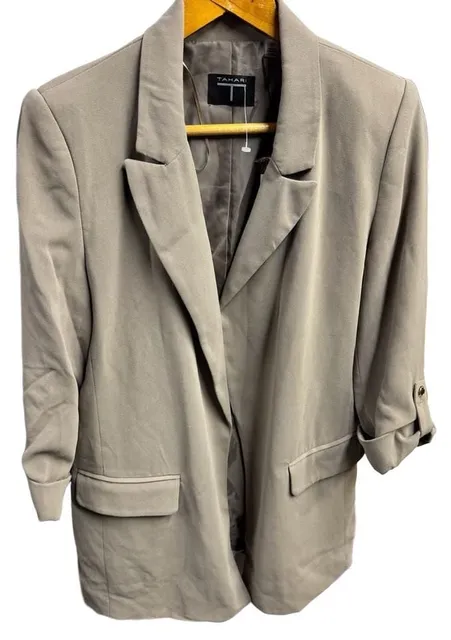 Tahari Blazer Size S Open Front Tan Crepe Jacket