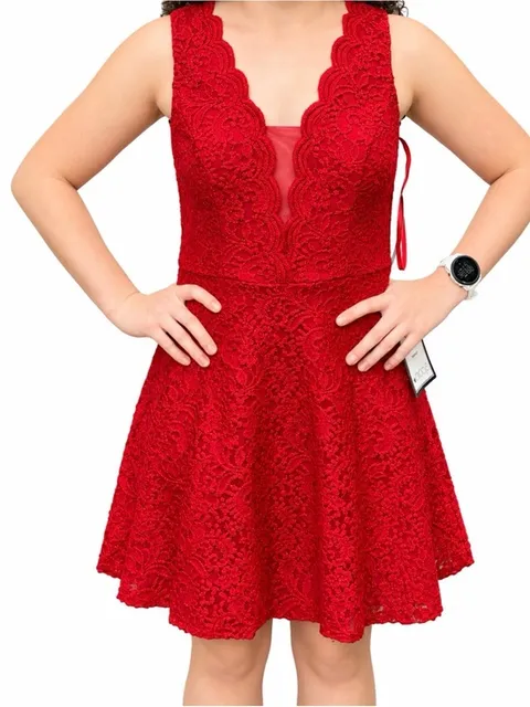City Studio Red Lace V-Neck A-Line Mini Dress junior 1