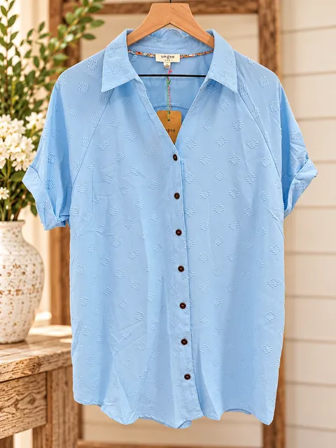 NWT Umgee Boutique Short Sleeve Button Down Shirt Blouse Top Sz L