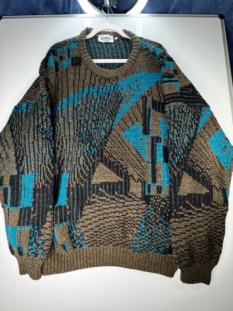 Mondo Vintage Geometric Knit Pullover Sweater Size XL Blue Brown Black