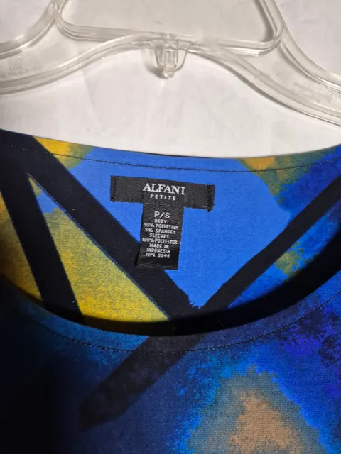 Alfani Petite Blouse Size P/S Blue Abstract Long Sleeve Shirt