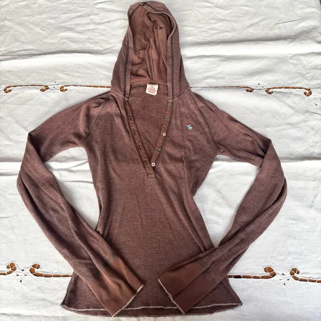 Vintage Abercrombie & Fitch Thermal Henley Hoodie Size M Brown