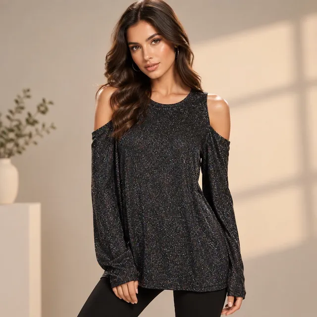 Michael Kors Cold Shoulder Top Size L Black Metallic Sparkle Long Sleeve