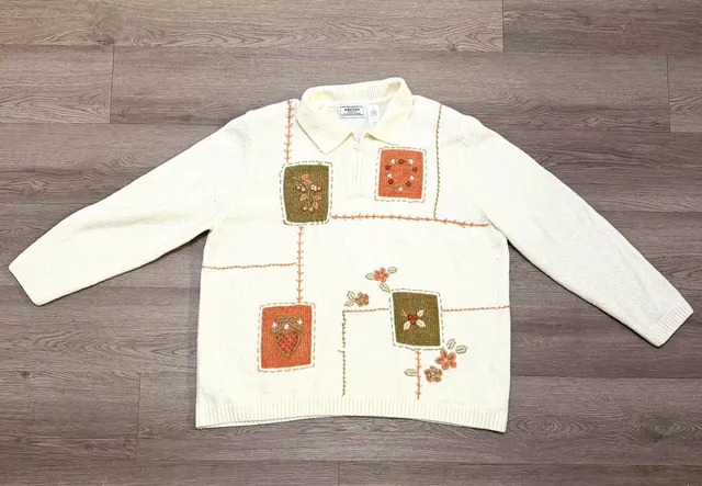 Adeline by Alfred Dunner Ivory 1/4 Zip Collared Floral Embroidered Knit 3X