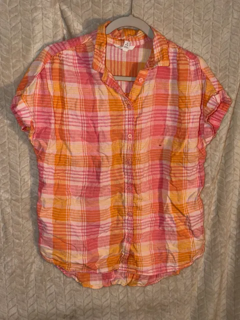 Time and Tru Short Sleeve Plaid Button-Up Shirt Size S (4-6) Pink Orange