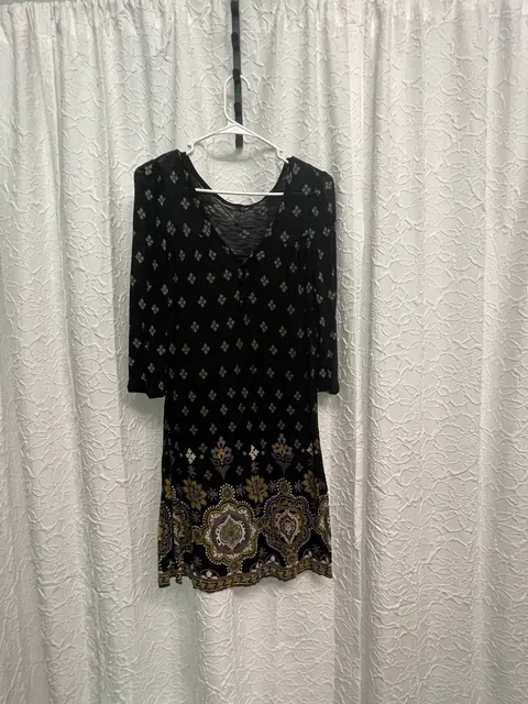 Next Boho Black Floral Print 3/4 Sleeve Mini Dress UK 14 Sz 10 US Bohemian