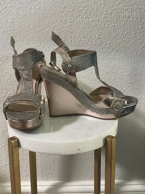 Guess Wedge Sandals Glitter Gold Platform Heels