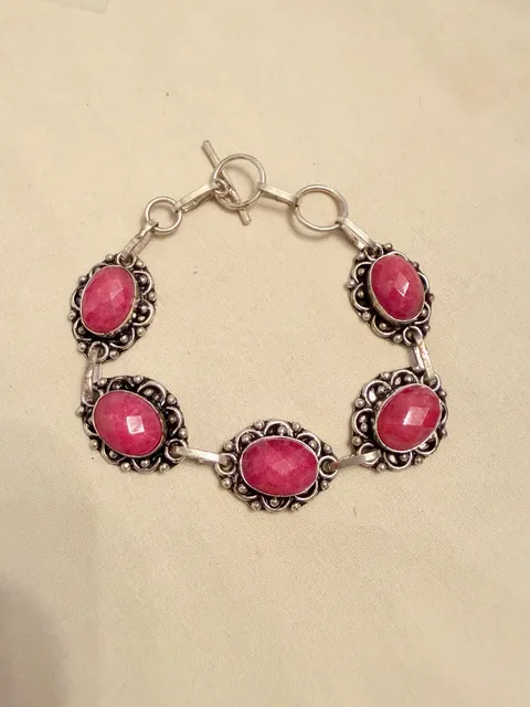 Sterling Silver 925 Pink Stone Faceted Toggle Link Bracelet
