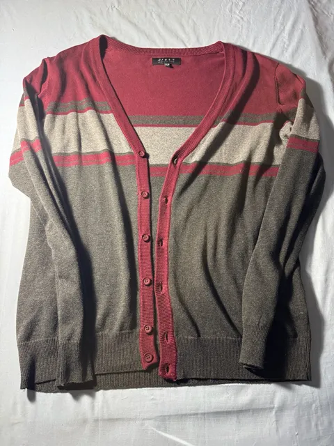 21 Men Striped Cardigan Sweater Size XL Burgundy Gray Button Up