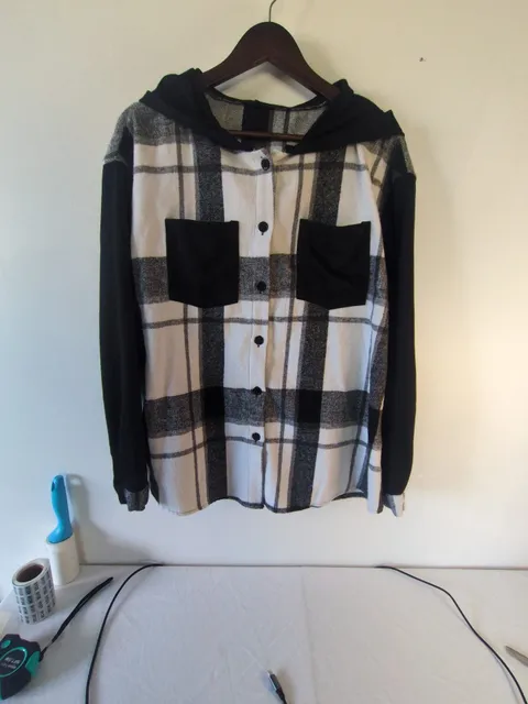 Unbranded Black White Plaid Hooded Flannel Shirt Size M