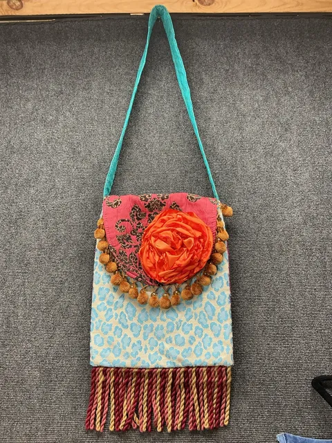 Boho Chic Blue Leopard Print Fabric Shoulder Bag With Orange Flower