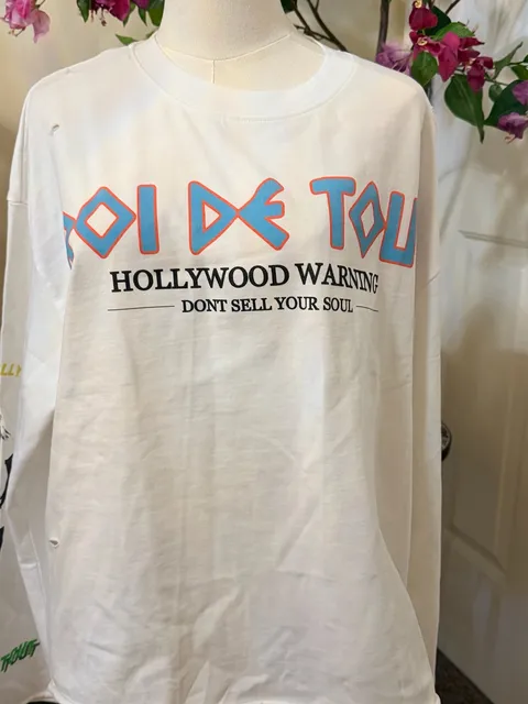 Roi De Tout Hollywood Warning Long Sleeve Graphic Tee White