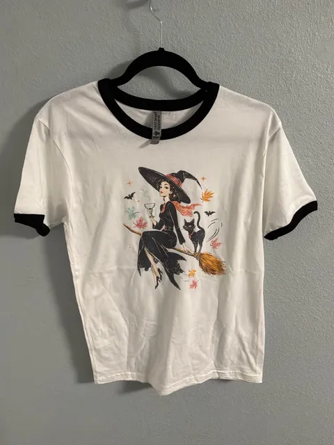 Next Level Apparel Vintage Witch Halloween Graphic Ringer Tee L