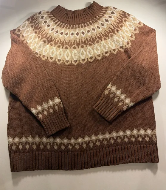 Lands' End Fair Isle Mock Neck Sweater Size 2X Brown Cream Nordic