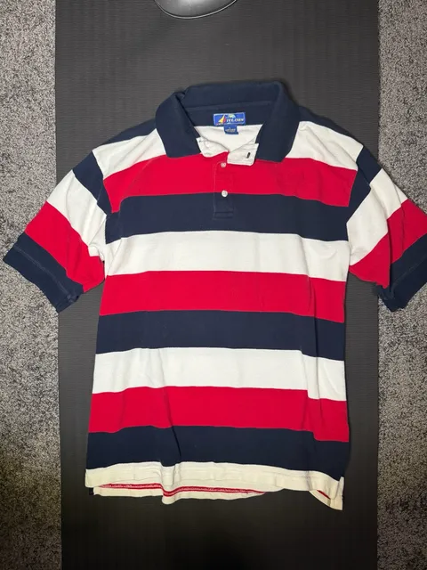 Ivy Crew Polo Shirt Size L Red White Blue Striped Short Sleeve