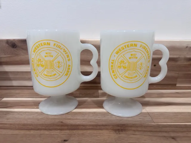 Vintage Central Western Firemen's Assn Footed Milk Glass Mugs Set