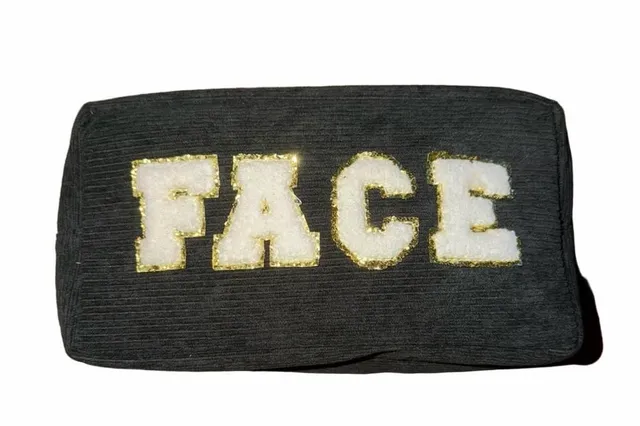 Face Corduroy Makeup Pouch Dark Gray Gold Letters