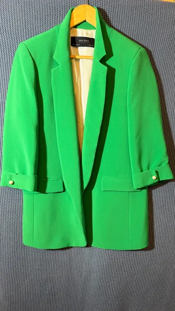 Zara Basic Collection Blazer Size M Green Open Front Pearl Button