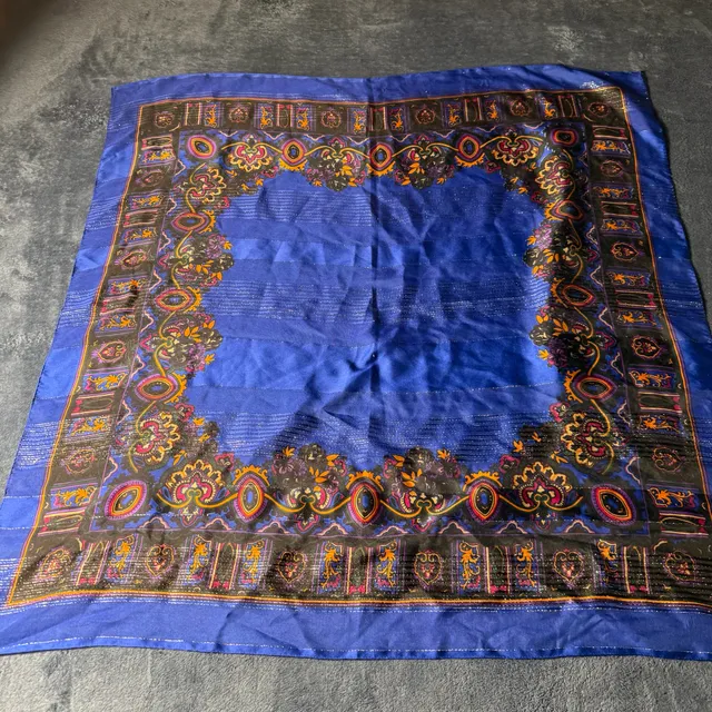 Vintage Silk Scarf Blue Paisley Gold Metallic Print