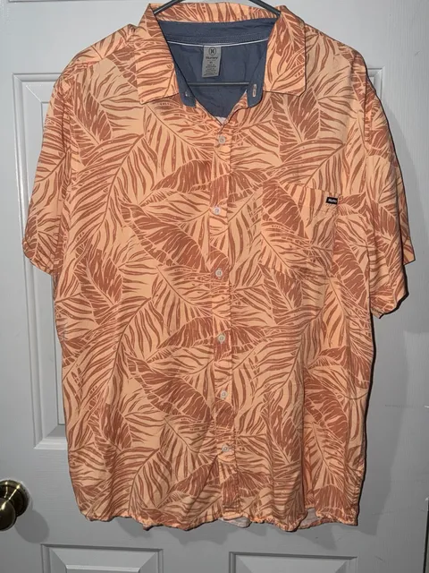 Hurley Button-Down Short Sleeve Shirt Size XL Orange Tropical Leaf Print