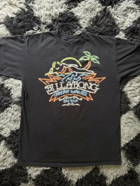 Billabong Great Waves On Tap T-Shirt Size L Black Neon Graphic