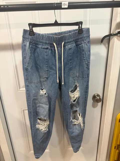 Denim Jogger Pants Distressed Blue Size M