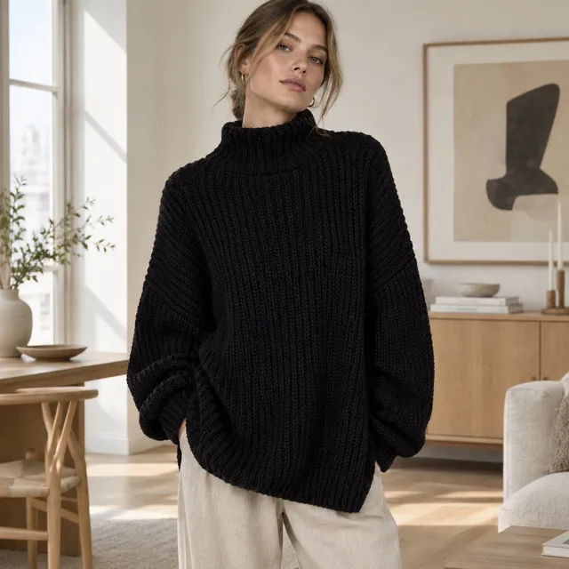 Free People Turtleneck Sweater Size M Black Ribbed Oversized