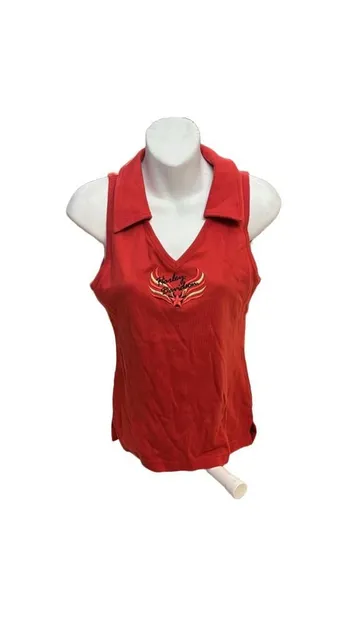 Harley Davidson- Oakland Sleeveless Polo Shirt Size M Red Winged Logo V-Neck