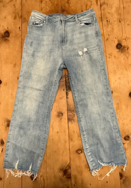 Risen Los Angeles Straight Jeans Size 1XL - Light Wash Distressed Raw Hem