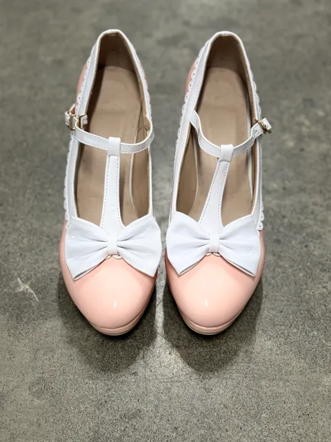 Pink And White Bow T-Strap Mary Jane Heels