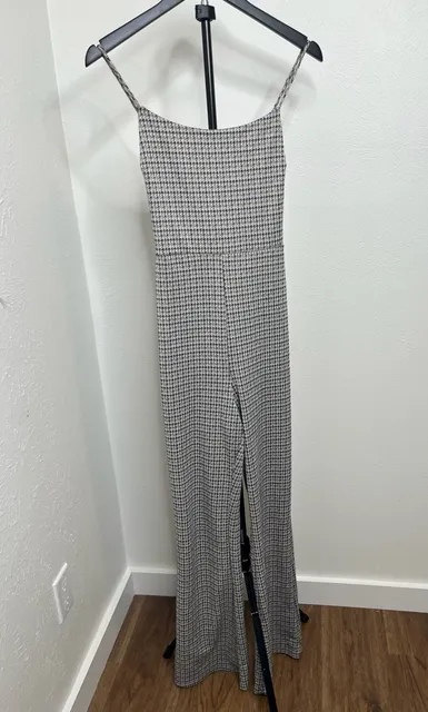  Houndstooth Jumpsuit Black White Check Print One Piece