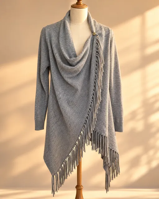 Claudia Nichole 100% Cashmere Gray Fringe Convertible Wrap Cardigan Sweater S/P