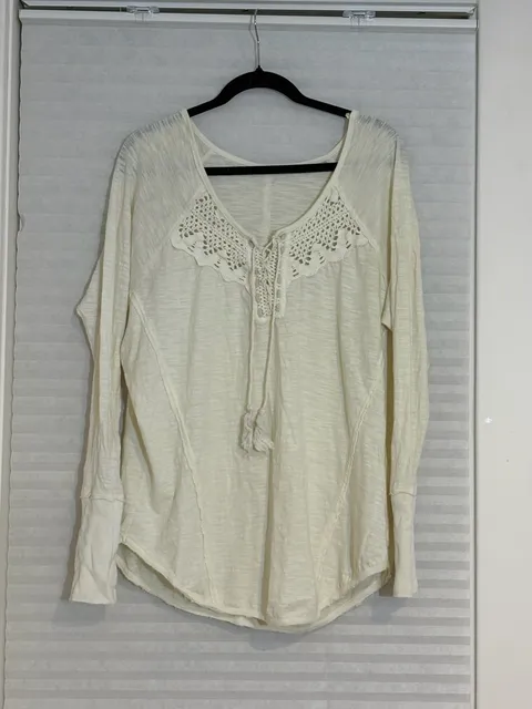 Free People Long Sleeve Lace Detail Blouse White Cotton