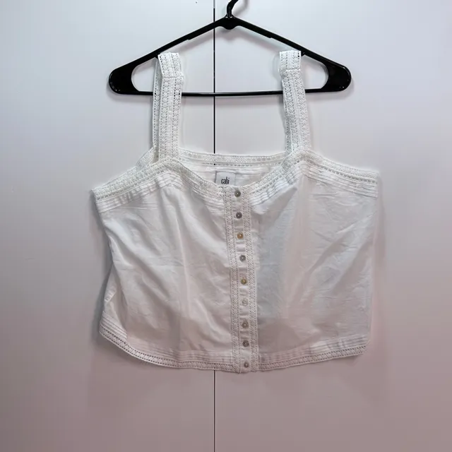Cabi Button Front Tank Top Size L White Cotton Crochet Trim