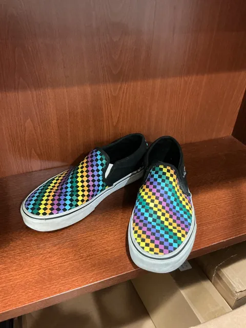 Vans Classic womens Slip-On Rainbow Checkerboard Sneakers. #68