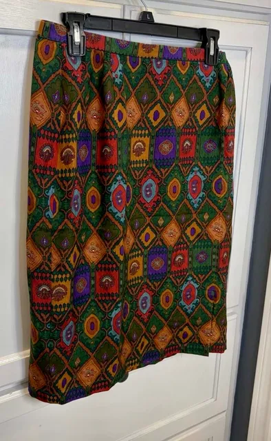 Carlisle Vintage Wool Silk Midi Skirt 14 Boho Tapestry Medallion Print Academia 