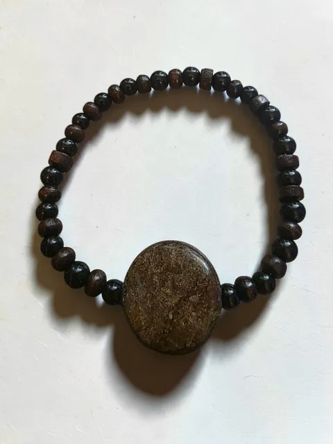 Wood Bead Bracelet With Center Stone Brown Beaded