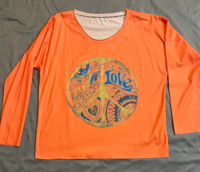 Exclusive Long Sleeve Shirt Size XXL Orange Peace Love Graphic Top NWOT