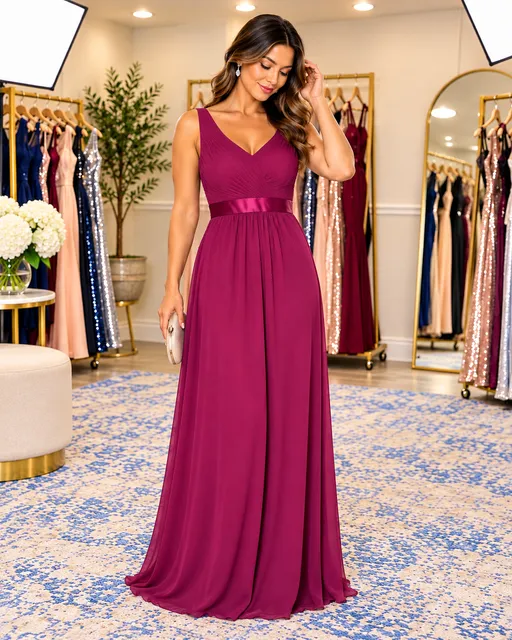 Berry Burgundy Chiffon V-Neck Pleated Formal Bridesmaid Evening Gown Size 4