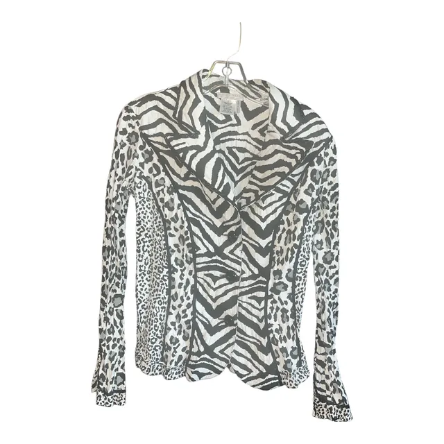 Alberto Makali Animal Print Blazer Size L Black White Beaded Lapel