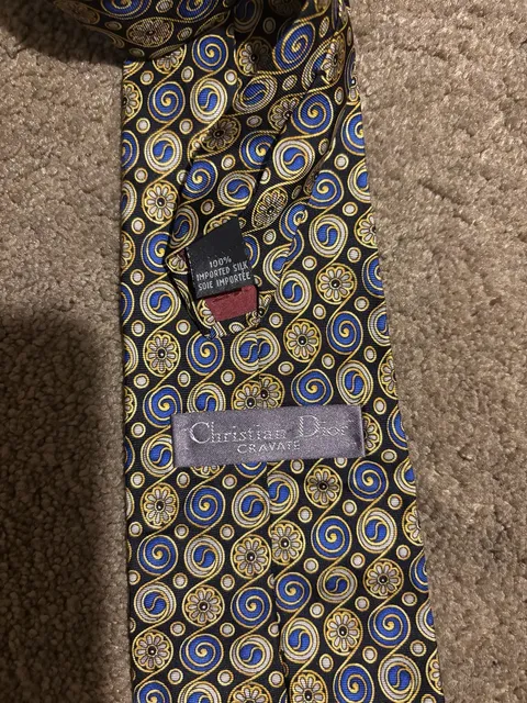 Christian Dior Cravate Silk Necktie Vintage Gold Blue Floral Medallion Swirl