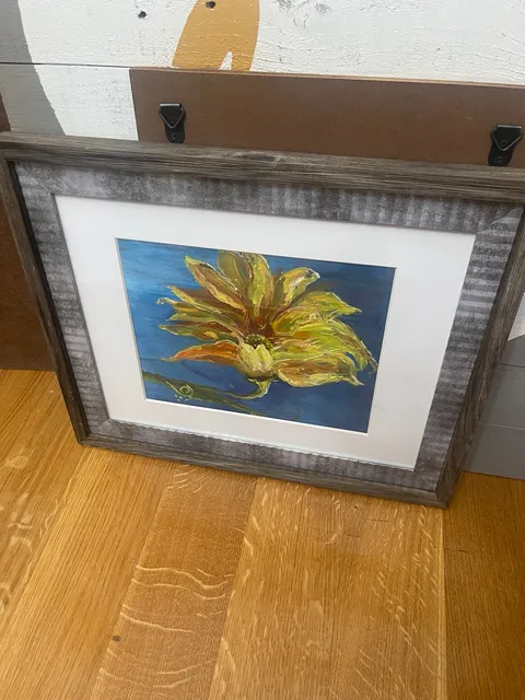 Framed Yellow Sunflower Floral Art Print Blue Background Distressed Frame