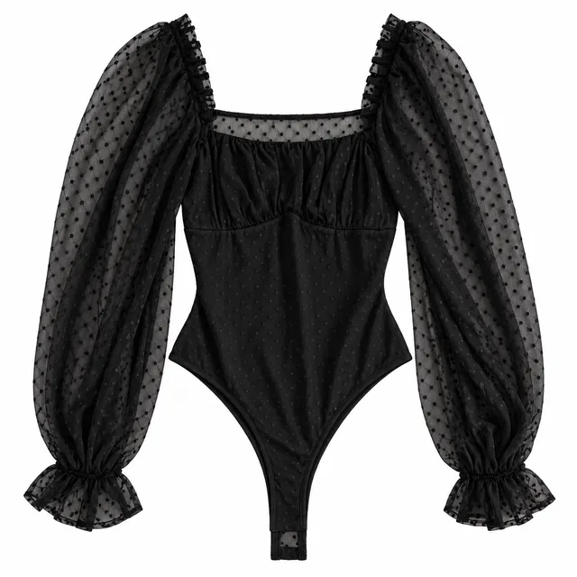 Lulus Black Swiss Dot Mesh Bodysuit M Square Neck Long Puff Sleeve NWT