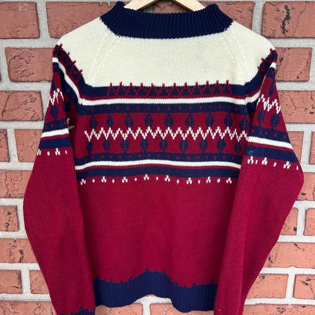 JCPenney Fair Isle Mock Neck Sweater Size L Red Blue Vintage Ski