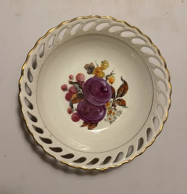 Vintage Pierced Reticulated Fruit Bowl Plum Motif Gold Trim