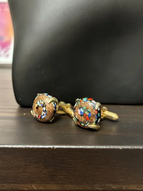 Swank Vintage 1950s Murano Style Millefiori Glass Gold Tone Cufflinks