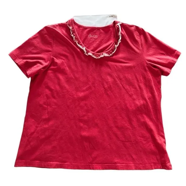 Denim & Company Ruffle Trim T-Shirt Size L Red Short Sleeve Cotton
