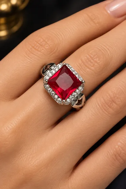 Silver Ruby Halo Heart Ring