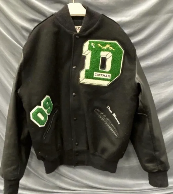 DeLong Dublin Coffman Varsity Jacket Size L Black Wool Leather