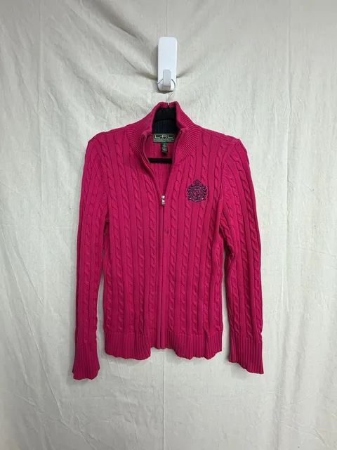 Y2K Lauren Active Ralph Lauren Full-Zip Cable Knit Sweater Size S Pink Crest Preppy